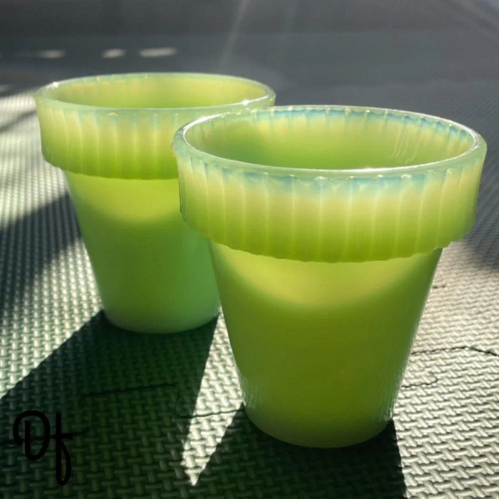 RARE Fenton Martha By Mail (MBM) Jadeite Glass Scalloped Pots (2) Size 3 3/4”